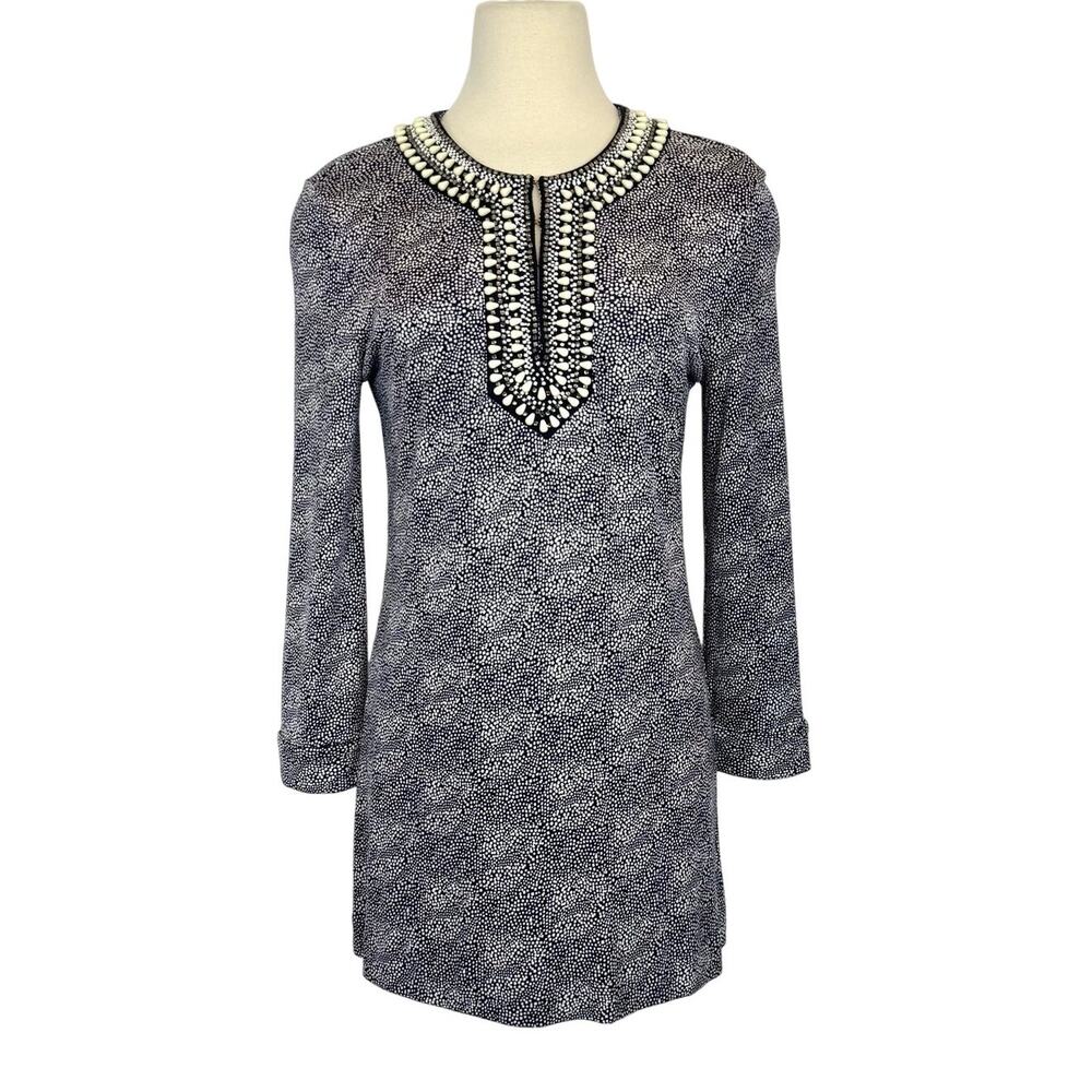 Tory Burch Silk Embellished Printed Tunic Top Long Sleeve Black White | L